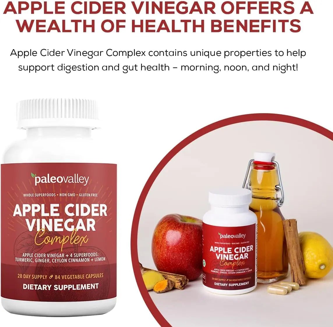 Paleovalley Apple Cider Vinegar Complex with Superfoods - Turmeric, Ginger, Ceylon Cinnamon and Lemon - 84 Vegetable Capsules - TrustMedUSA
