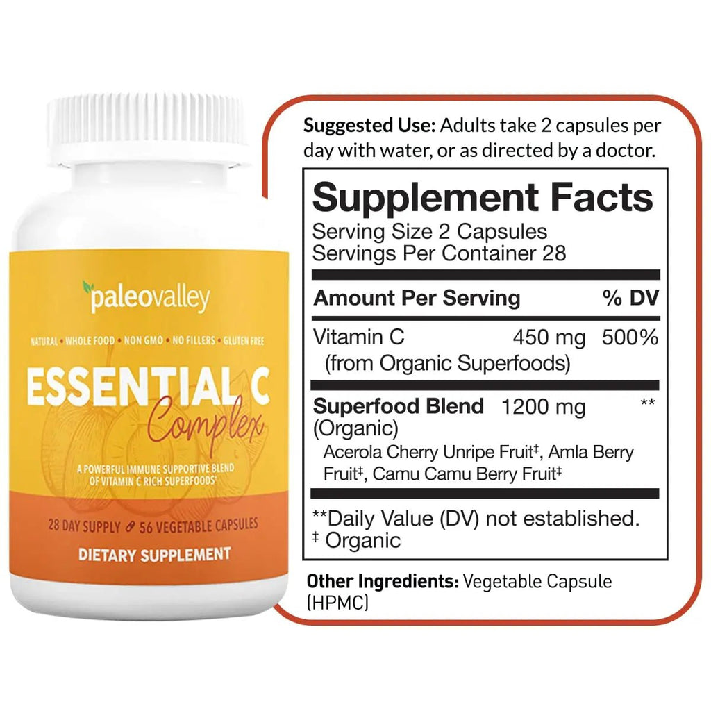Paleovalley Essential C Complex - Vitamin C Supplement for Immune Support - 1 Pack, 450mg - Organic Superfoods Unripe Acerola Cherry, Camu Camu, Amla Berry - TrustMedUSA