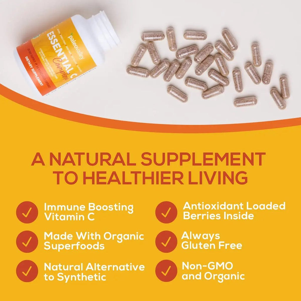 Paleovalley Essential C Complex - Vitamin C Supplement for Immune Support - 1 Pack, 450mg - Organic Superfoods Unripe Acerola Cherry, Camu Camu, Amla Berry - TrustMedUSA