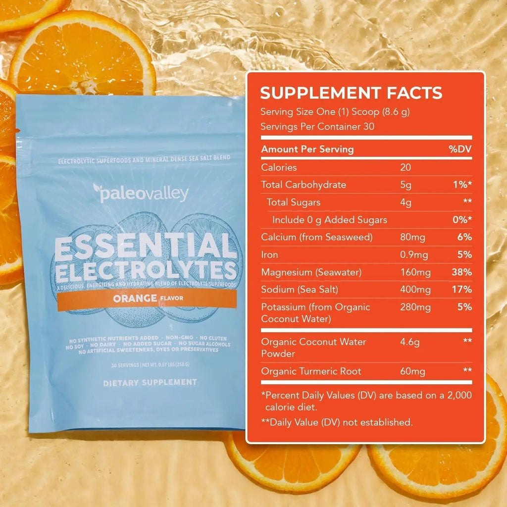 Paleovalley Essential Electrolytes Powder - Full Spectrum Orange Electrolyte Powder for Hydration, Energy and Muscle Recovery - No Sugar Added - 30 Servings - TrustMedUSA