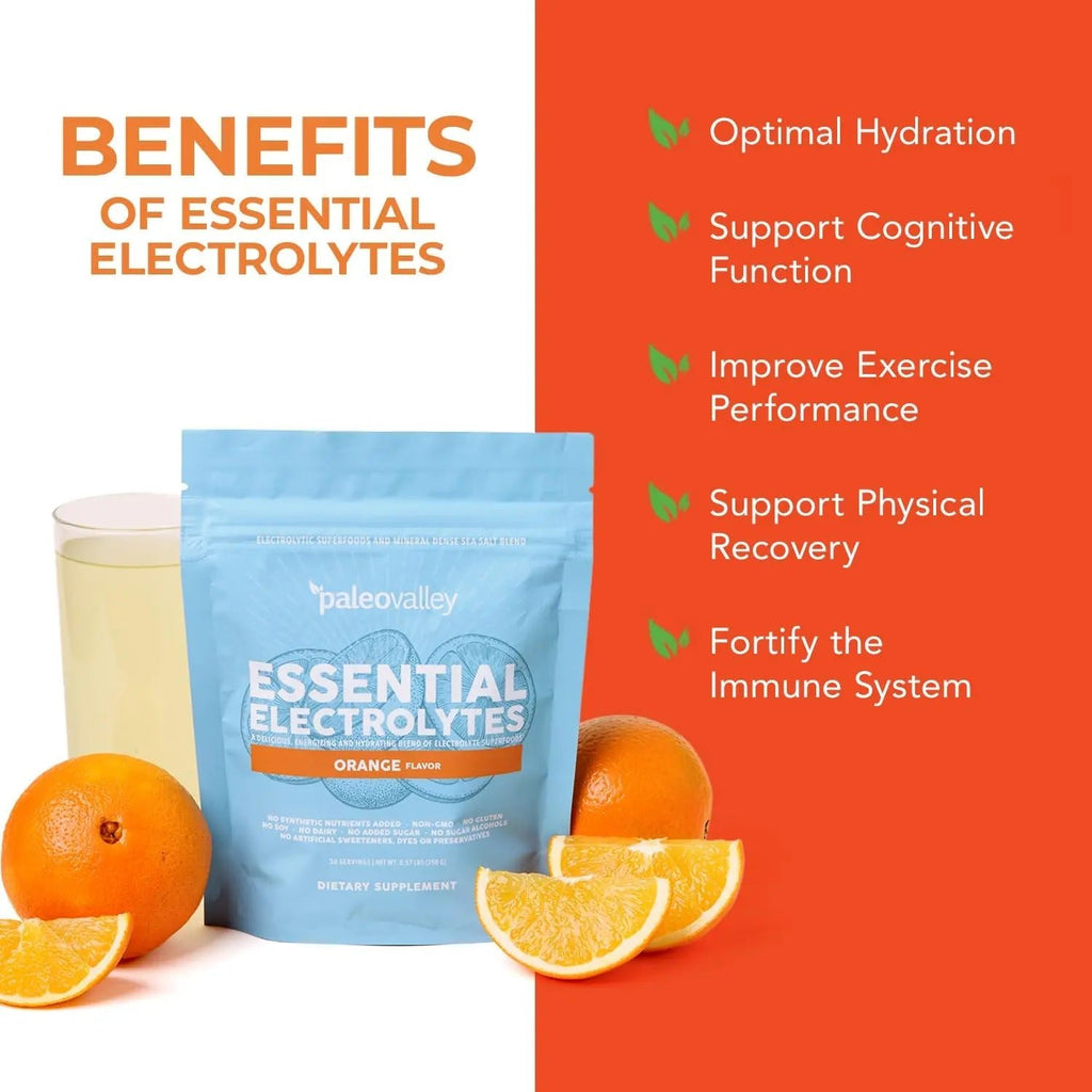 Paleovalley Essential Electrolytes Powder - Full Spectrum Orange Electrolyte Powder for Hydration, Energy and Muscle Recovery - No Sugar Added - 30 Servings - TrustMedUSA