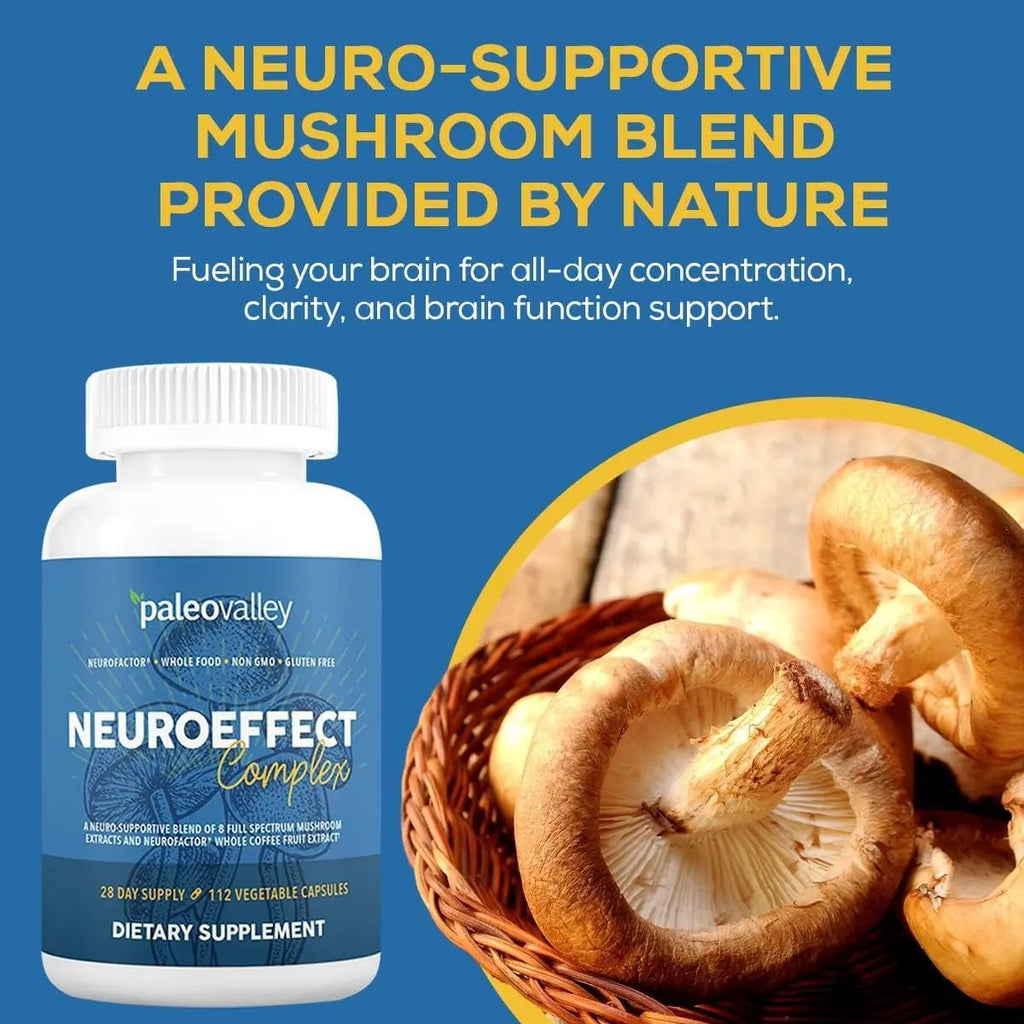 Paleovalley NeuroEffect - Neuro Mushroom Coffee Nutritional Supplement for Focus, Memory, and Energy Support - 28-Day Supply - 8 Full Spectrum Mushroom and Whole Coffee Fruit Extracts - TrustMedUSA