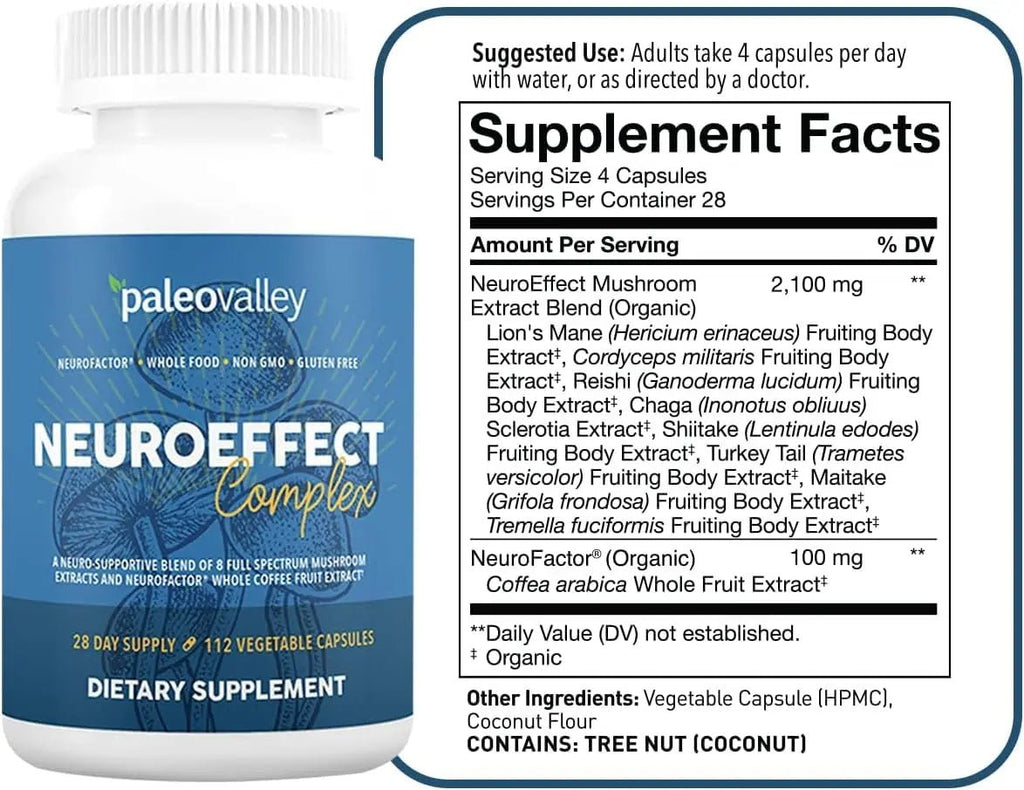 Paleovalley NeuroEffect - Neuro Mushroom Coffee Nutritional Supplement for Focus, Memory, and Energy Support - 28-Day Supply - 8 Full Spectrum Mushroom and Whole Coffee Fruit Extracts - TrustMedUSA