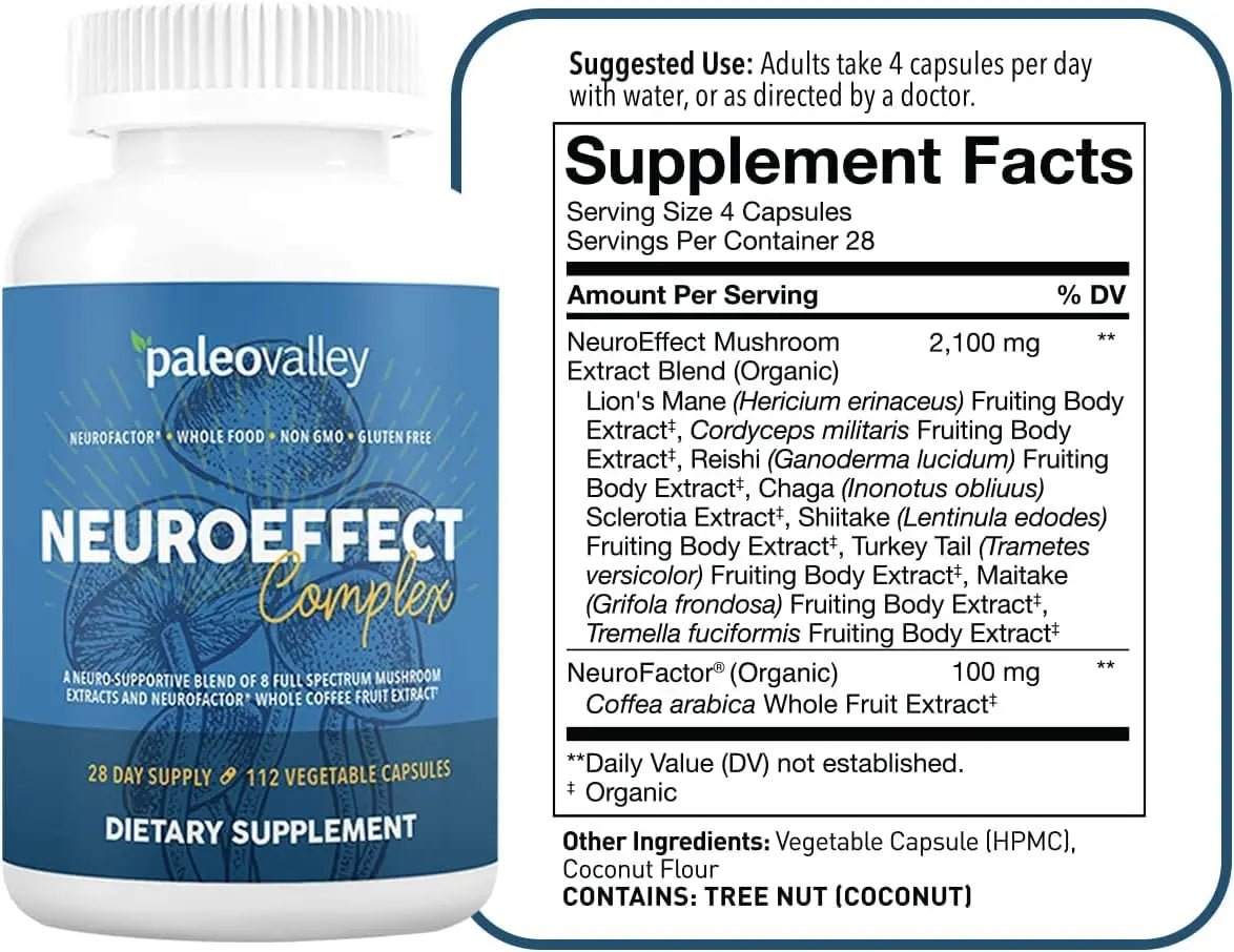 Paleovalley NeuroEffect - Neuro Mushroom Coffee Nutritional Supplement for Focus, Memory, and Energy Support - 28-Day Supply - 8 Full Spectrum Mushroom and Whole Coffee Fruit Extracts - TrustMedUSA