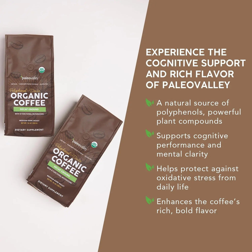 Paleovalley Organic Ground Coffee, 10oz - Decaf, Low Acid, Single-Origin, Polyphenol-Rich, Infused with Mushrooms - TrustMedUSA