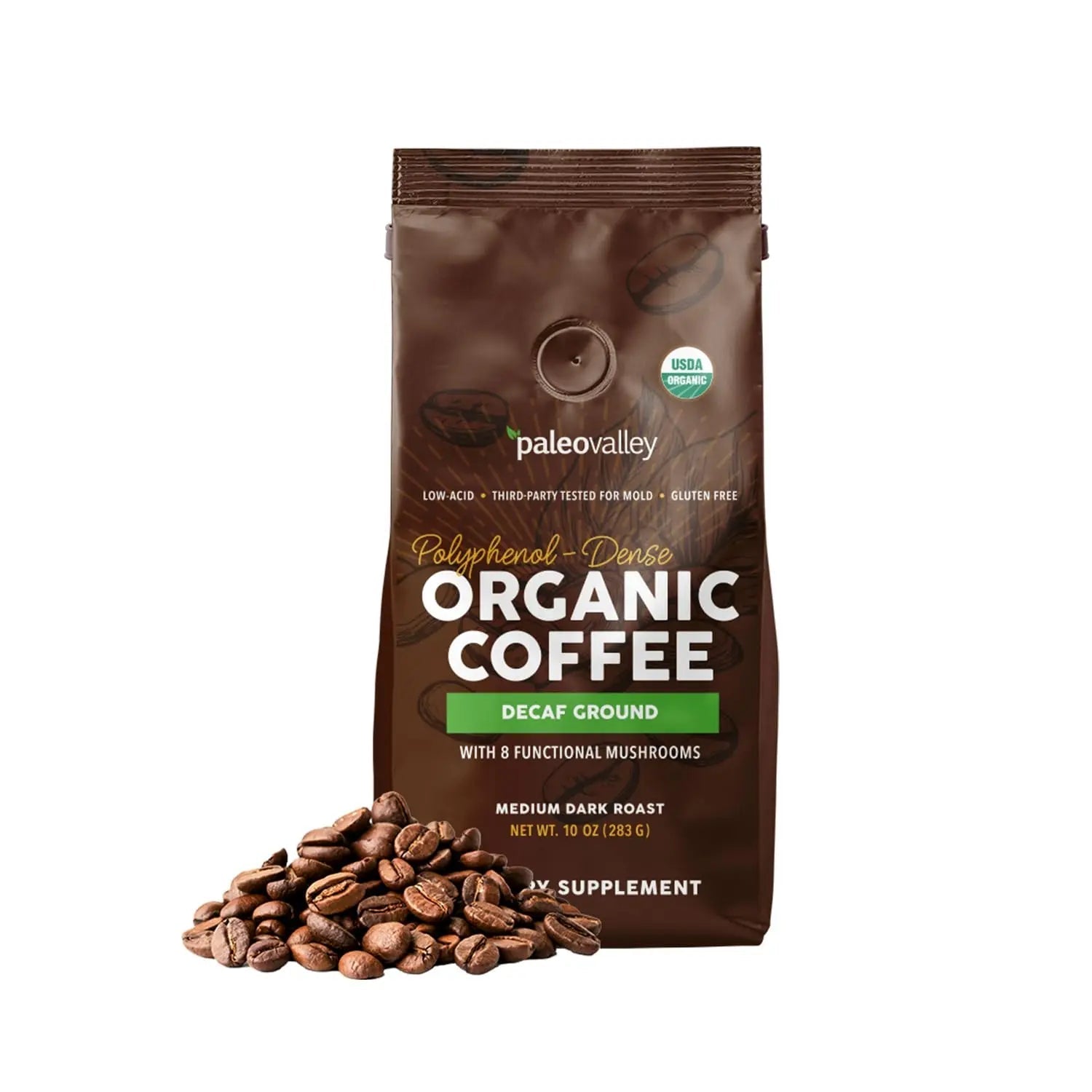 Paleovalley Organic Ground Coffee, 10oz - Decaf, Low Acid, Single-Origin, Polyphenol-Rich, Infused with Mushrooms - TrustMedUSA