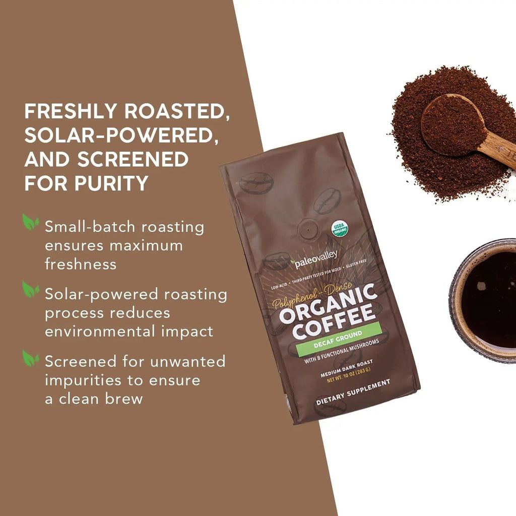 Paleovalley Organic Ground Coffee, 10oz - Decaf, Low Acid, Single-Origin, Polyphenol-Rich, Infused with Mushrooms - TrustMedUSA