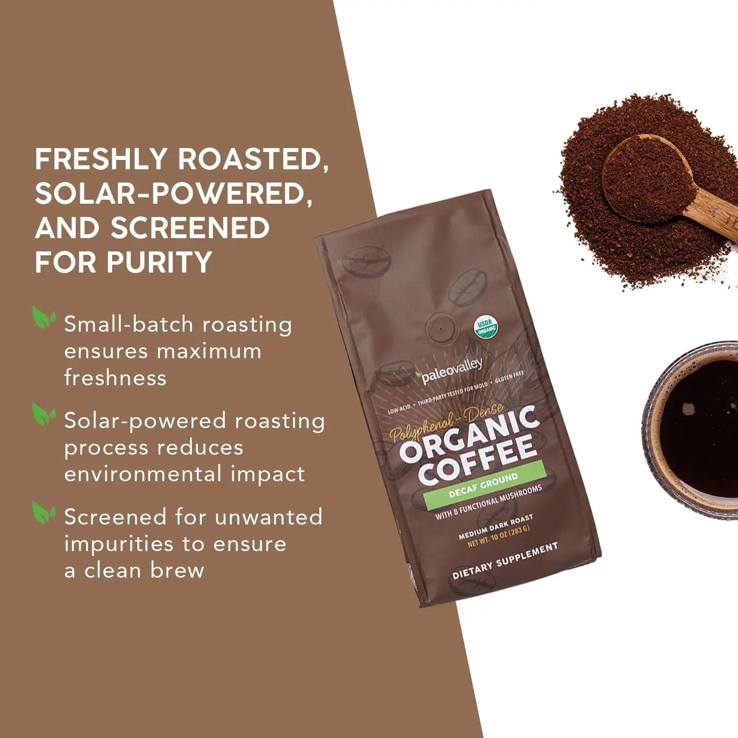 Paleovalley Organic Ground Coffee, 10oz - Decaf, Low Acid, Single-Origin, Polyphenol-Rich, Infused with Mushrooms - TrustMedUSA