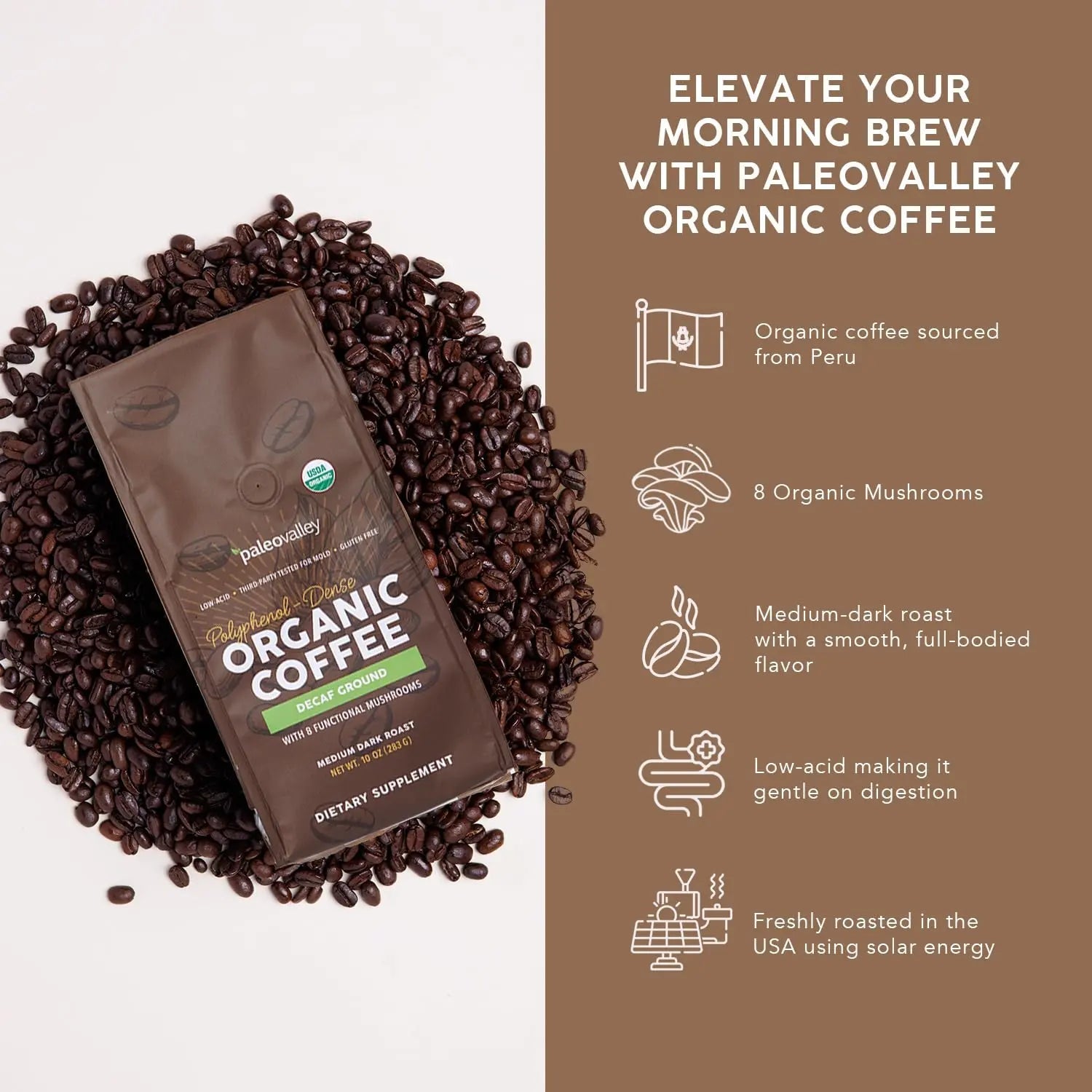 Paleovalley Organic Ground Coffee, 10oz - Decaf, Low Acid, Single-Origin, Polyphenol-Rich, Infused with Mushrooms - TrustMedUSA