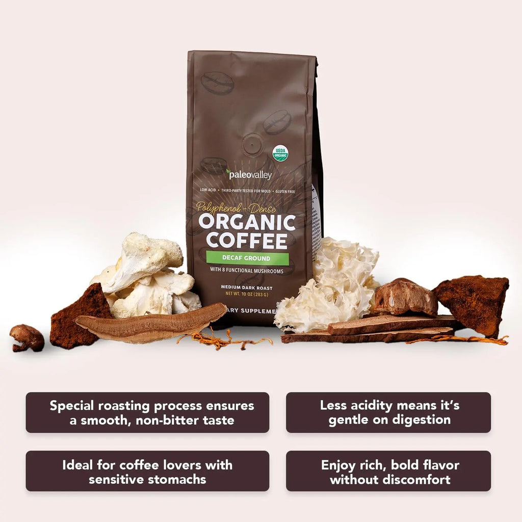 Paleovalley Organic Ground Coffee, 10oz - Decaf, Low Acid, Single-Origin, Polyphenol-Rich, Infused with Mushrooms - TrustMedUSA