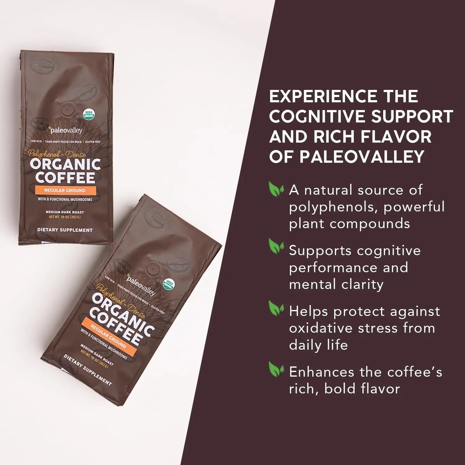 Paleovalley Organic Ground Coffee, 10oz - Regular, Low Acid, Single-Origin, Polyphenol-Rich, Infused with Mushrooms - TrustMedUSA
