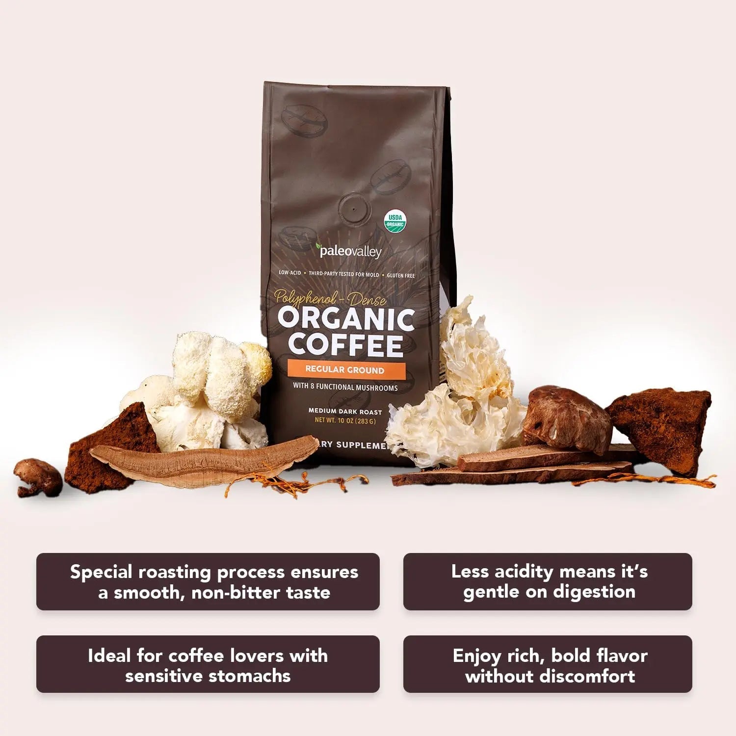 Paleovalley Organic Ground Coffee, 10oz - Regular, Low Acid, Single-Origin, Polyphenol-Rich, Infused with Mushrooms - TrustMedUSA