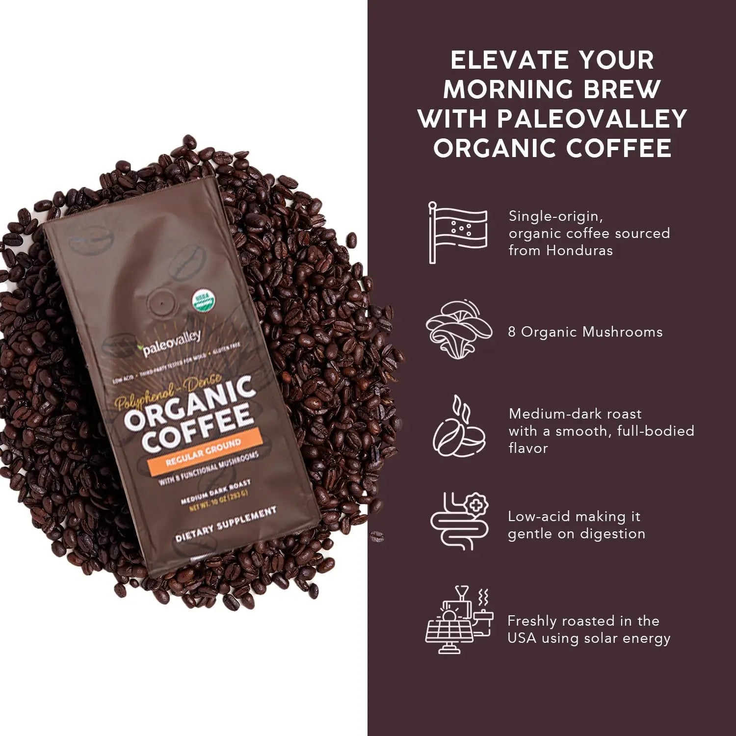 Paleovalley Organic Ground Coffee, 10oz - Regular, Low Acid, Single-Origin, Polyphenol-Rich, Infused with Mushrooms - TrustMedUSA
