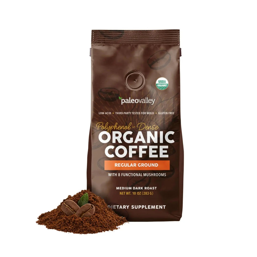 Paleovalley Organic Ground Coffee, 10oz - Regular, Low Acid, Single-Origin, Polyphenol-Rich, Infused with Mushrooms - TrustMedUSA