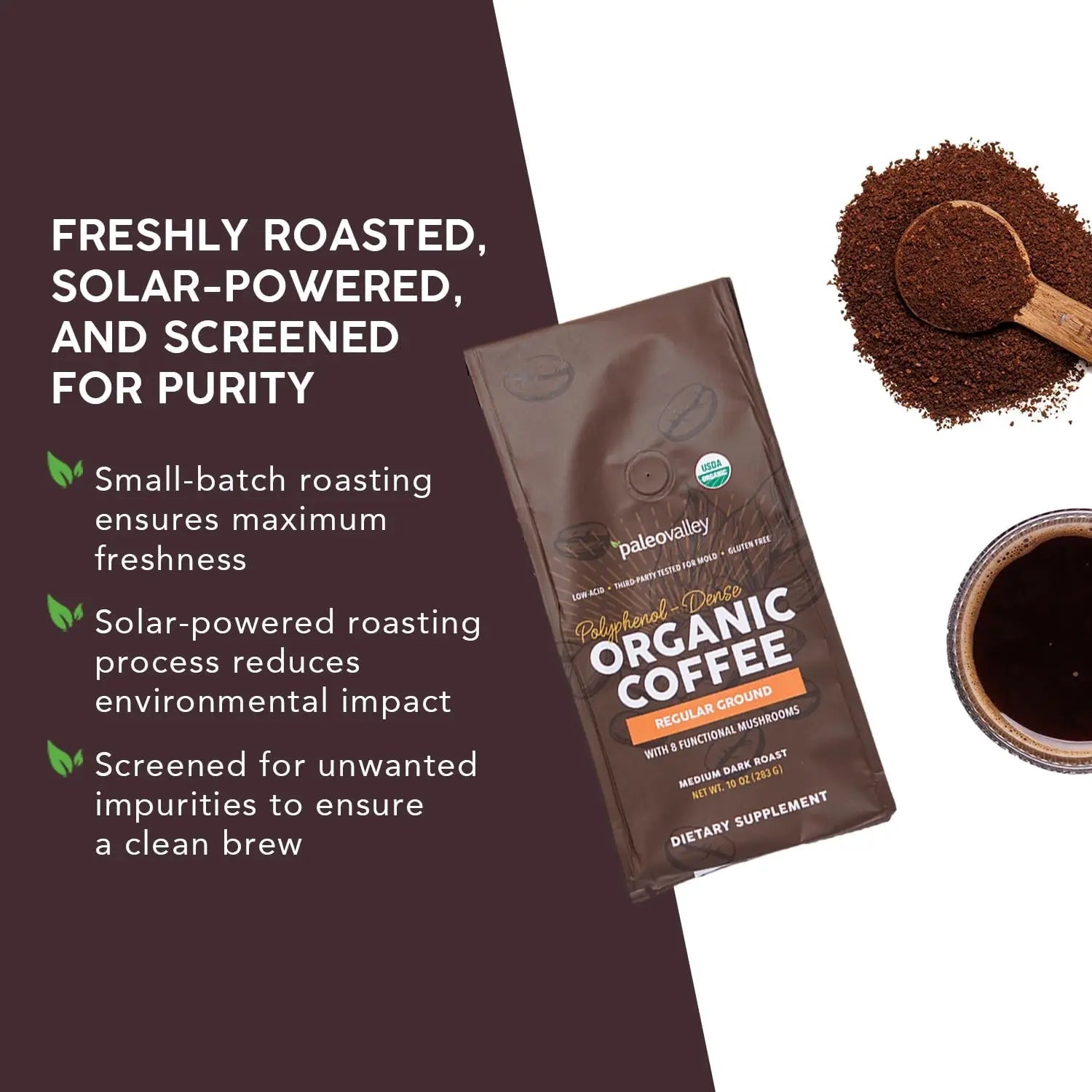 Paleovalley Organic Ground Coffee, 10oz - Regular, Low Acid, Single-Origin, Polyphenol-Rich, Infused with Mushrooms - TrustMedUSA