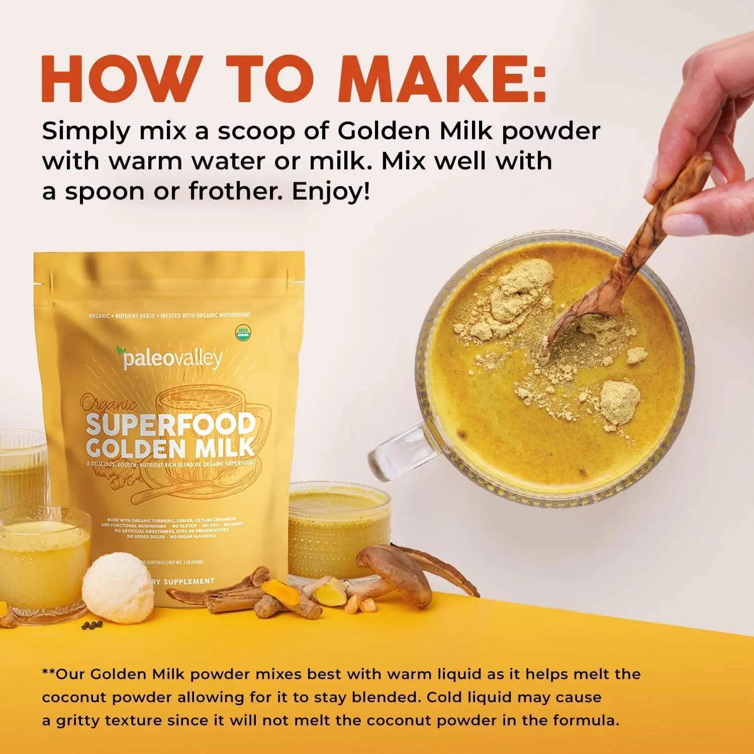 Paleovalley Organic Superfood Golden Milk - Immune, Focus, Cognitive, Longevity - Turmeric, MCT-Rich Coconut Milk, Functional Mushrooms, 30 Servings - TrustMedUSA