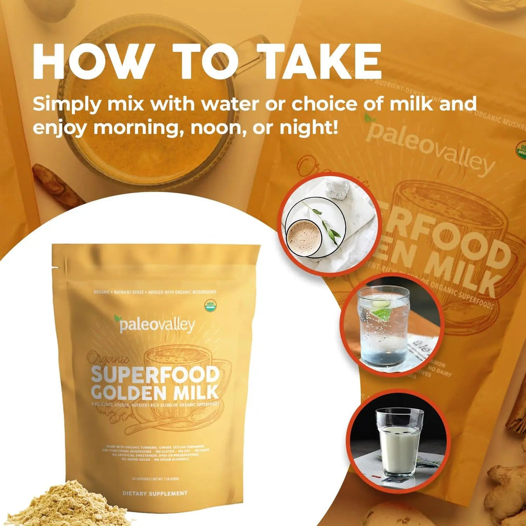 Paleovalley Organic Superfood Golden Milk - Immune, Focus, Cognitive, Longevity - Turmeric, MCT-Rich Coconut Milk, Functional Mushrooms, 30 Servings - TrustMedUSA