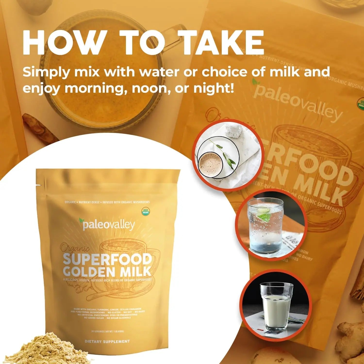 Paleovalley Organic Superfood Golden Milk - Immune, Focus, Cognitive, Longevity - Turmeric, MCT-Rich Coconut Milk, Functional Mushrooms, 30 Servings - TrustMedUSA