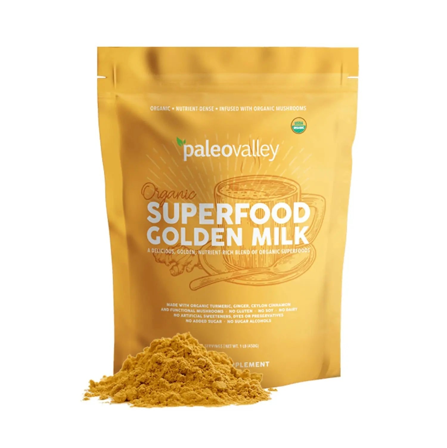 Paleovalley Organic Superfood Golden Milk - Immune, Focus, Cognitive, Longevity - Turmeric, MCT-Rich Coconut Milk, Functional Mushrooms, 30 Servings - TrustMedUSA