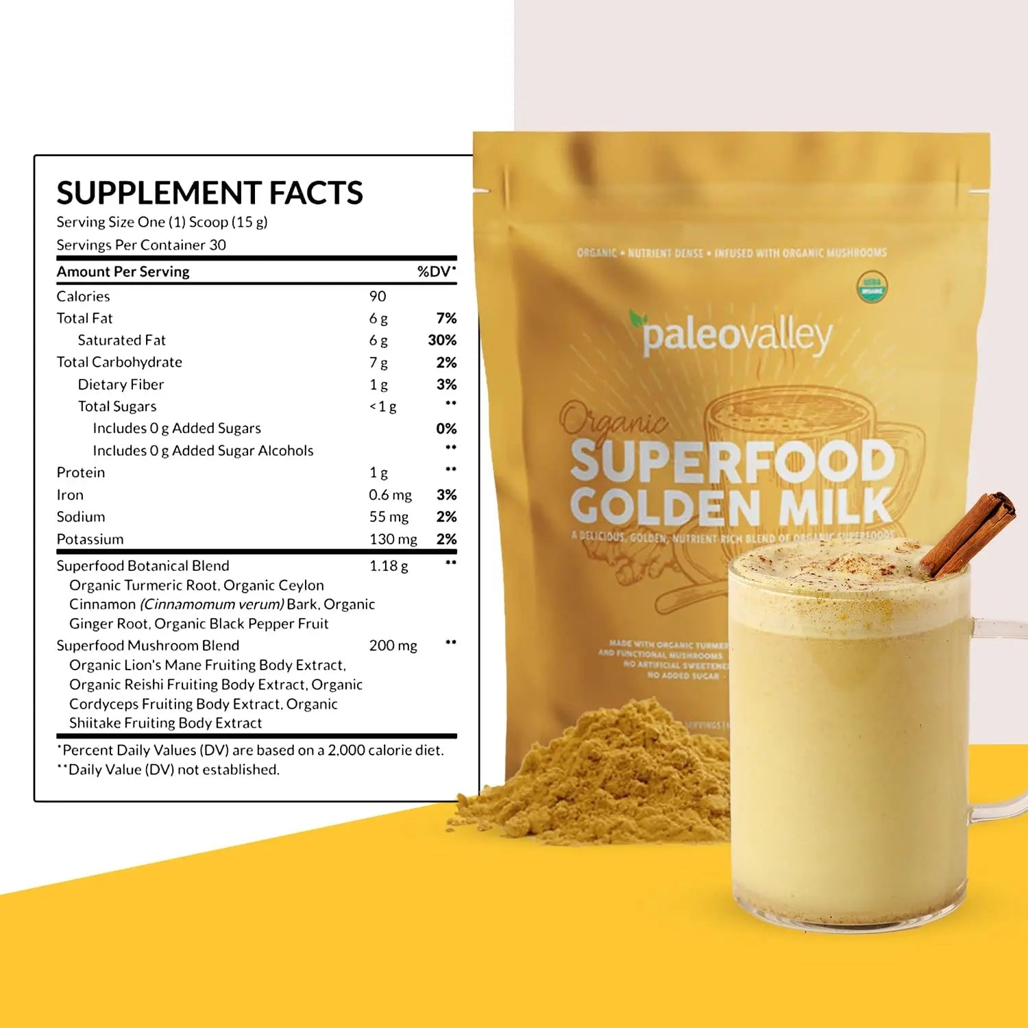 Paleovalley Organic Superfood Golden Milk - Immune, Focus, Cognitive, Longevity - Turmeric, MCT-Rich Coconut Milk, Functional Mushrooms, 30 Servings - TrustMedUSA