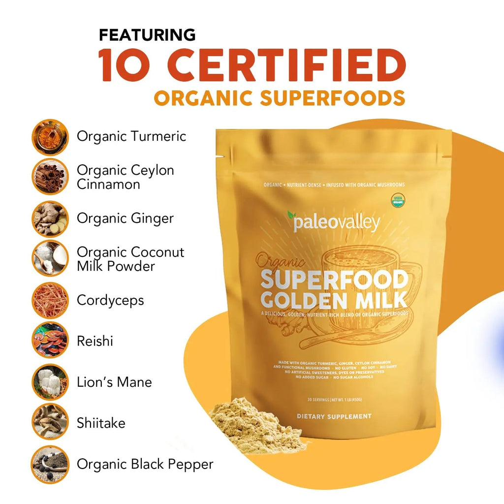 Paleovalley Organic Superfood Golden Milk - Immune, Focus, Cognitive, Longevity - Turmeric, MCT-Rich Coconut Milk, Functional Mushrooms, 30 Servings - TrustMedUSA