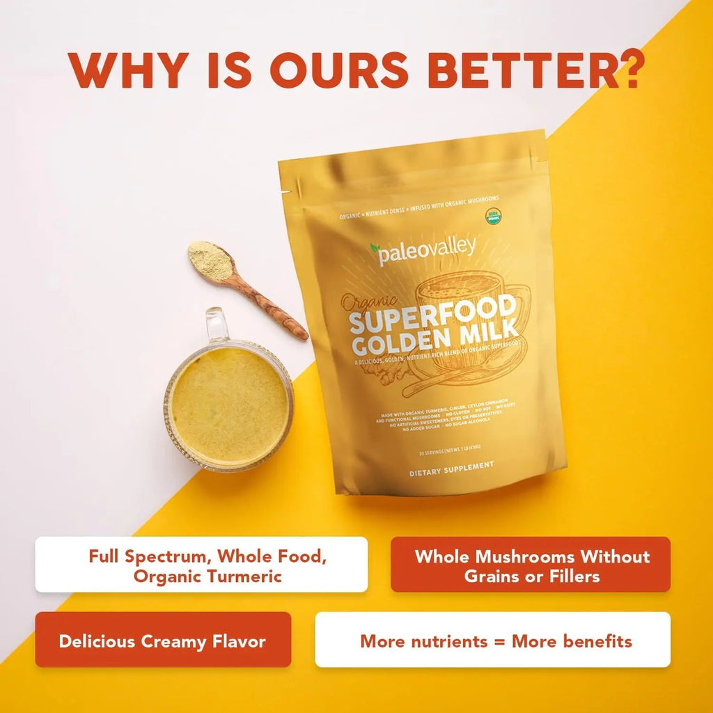 Paleovalley Organic Superfood Golden Milk - Immune, Focus, Cognitive, Longevity - Turmeric, MCT-Rich Coconut Milk, Functional Mushrooms, 30 Servings - TrustMedUSA