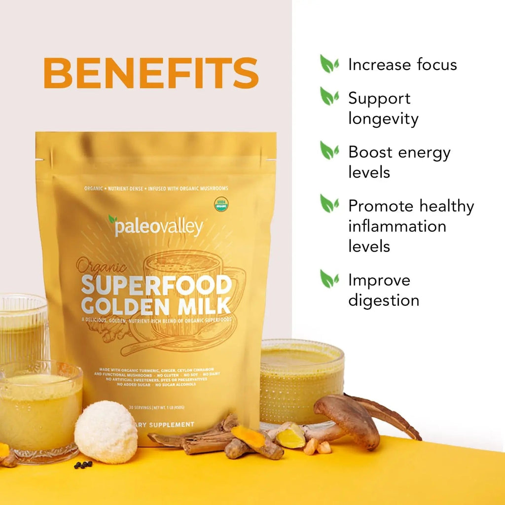 Paleovalley Organic Superfood Golden Milk - Immune, Focus, Cognitive, Longevity - Turmeric, MCT-Rich Coconut Milk, Functional Mushrooms, 30 Servings - TrustMedUSA
