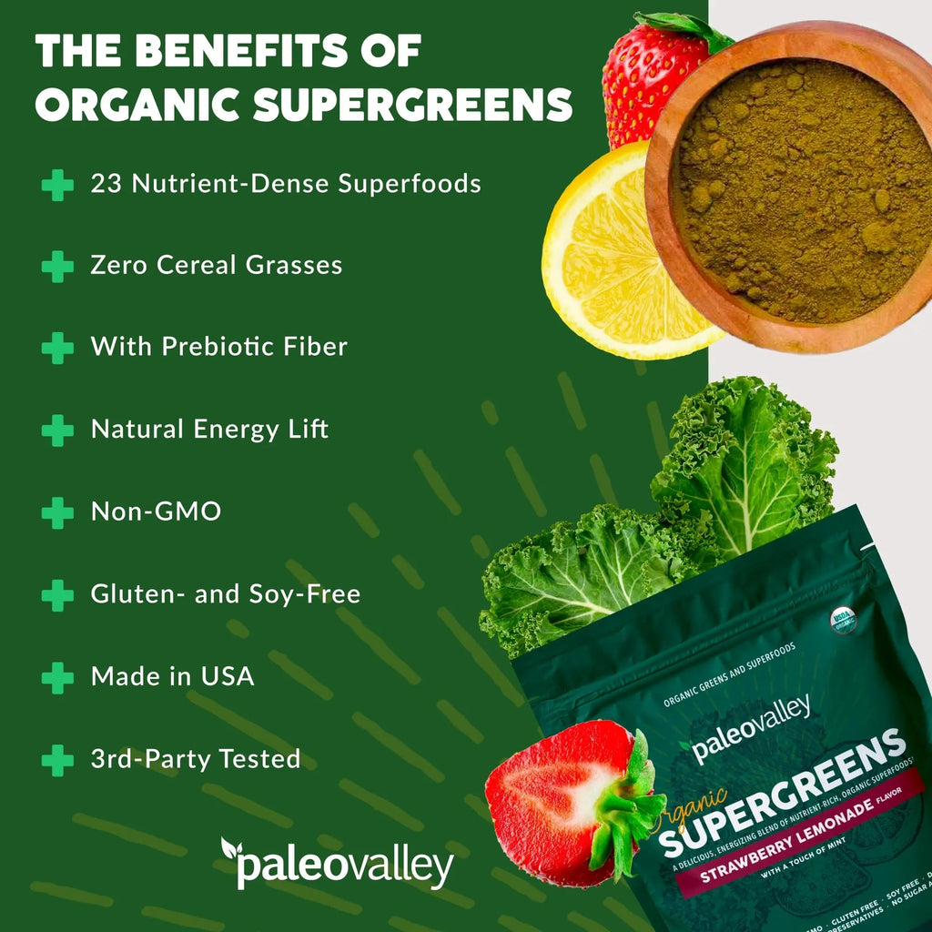 Paleovalley Organic Supergreens - Organic Greens Powder Superfood for Immune Support - Paleo Green Powder Blend - 28 Servings - 23 Superfoods - Gluten Free, No Cereal Grasses, Soy or Grain - TrustMedUSA
