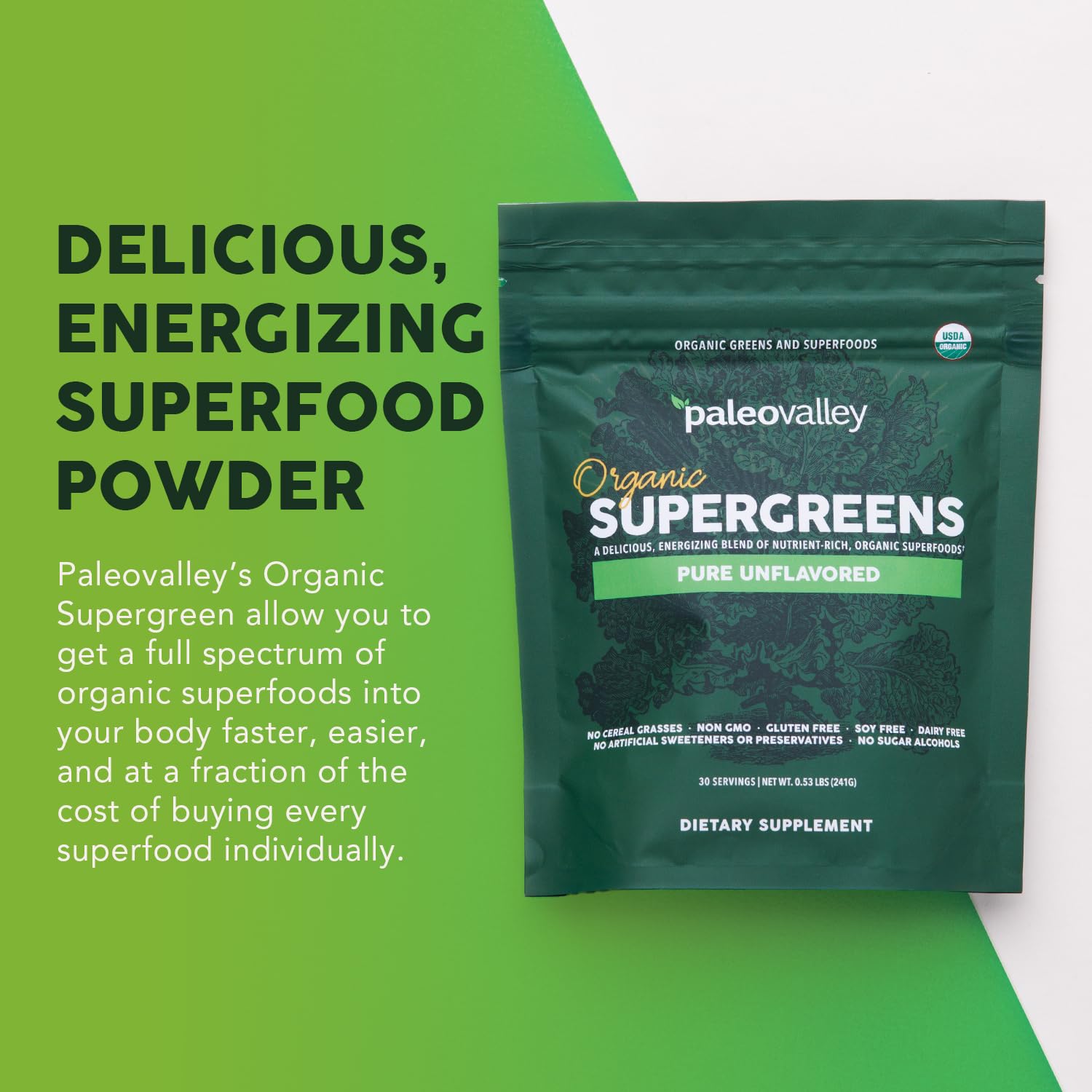 Paleovalley Organic Supergreens Powder - 23 Superfoods with Prebiotic Fiber for Energy and Immunity Support - No Cereal Grasses for Maximum Absorption - Pure Unflavored, 30 Servings - TrustMedUSA