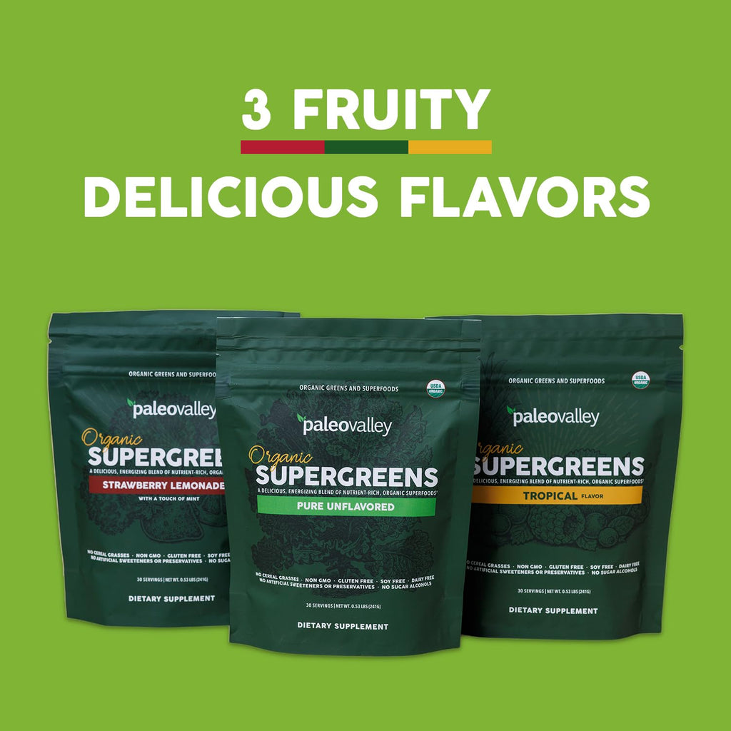 Paleovalley Organic Supergreens Powder - 23 Superfoods with Prebiotic Fiber for Energy and Immunity Support - No Cereal Grasses for Maximum Absorption - Pure Unflavored, 30 Servings - TrustMedUSA