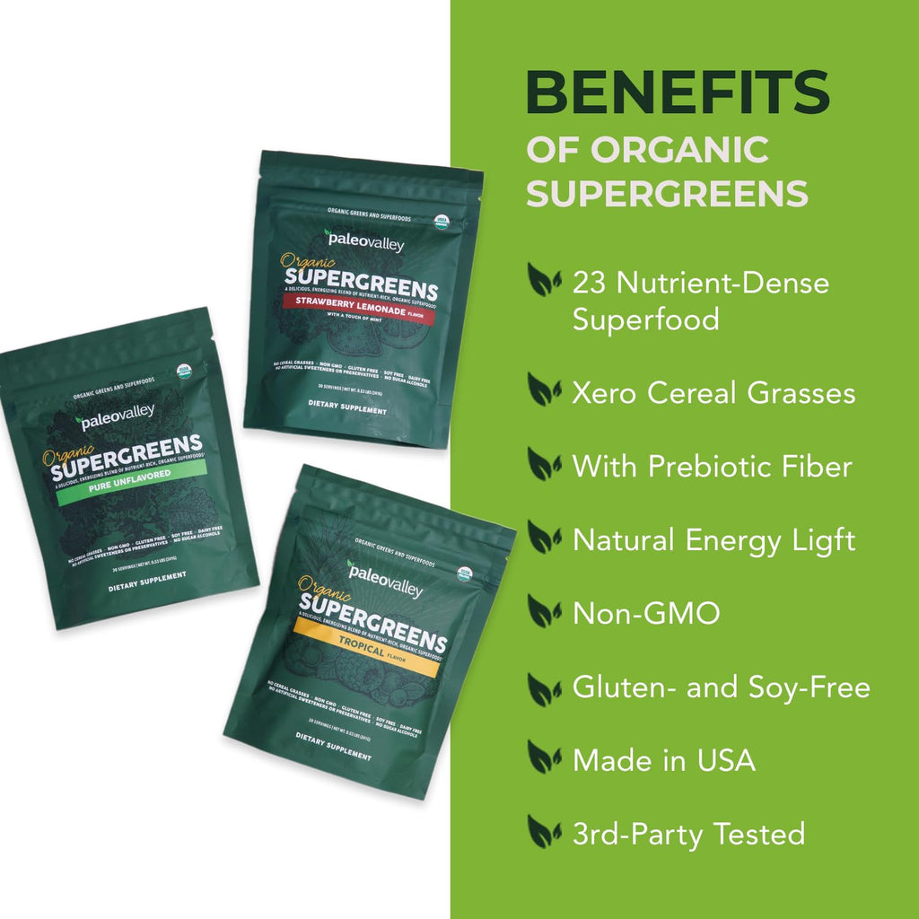 Paleovalley Organic Supergreens Powder - 23 Superfoods with Prebiotic Fiber for Energy and Immunity Support - No Cereal Grasses for Maximum Absorption - Pure Unflavored, 30 Servings - TrustMedUSA