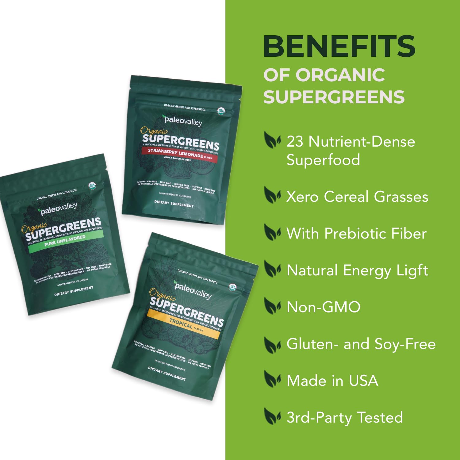 Paleovalley Organic Supergreens Powder - 23 Superfoods with Prebiotic Fiber for Energy and Immunity Support - No Cereal Grasses for Maximum Absorption - Pure Unflavored, 30 Servings - TrustMedUSA