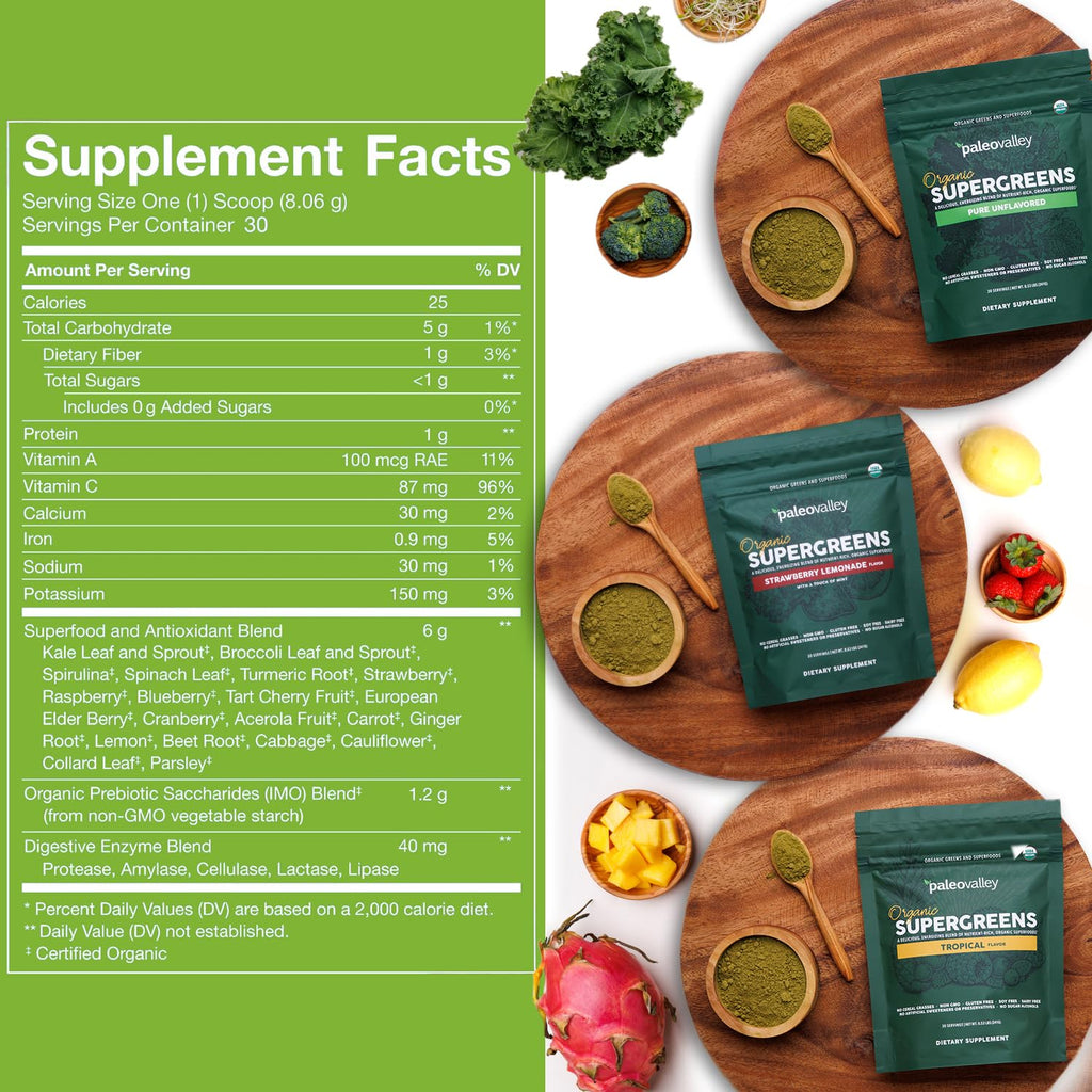 Paleovalley Organic Supergreens Powder - 23 Superfoods with Prebiotic Fiber for Energy and Immunity Support - No Cereal Grasses for Maximum Absorption - Pure Unflavored, 30 Servings - TrustMedUSA