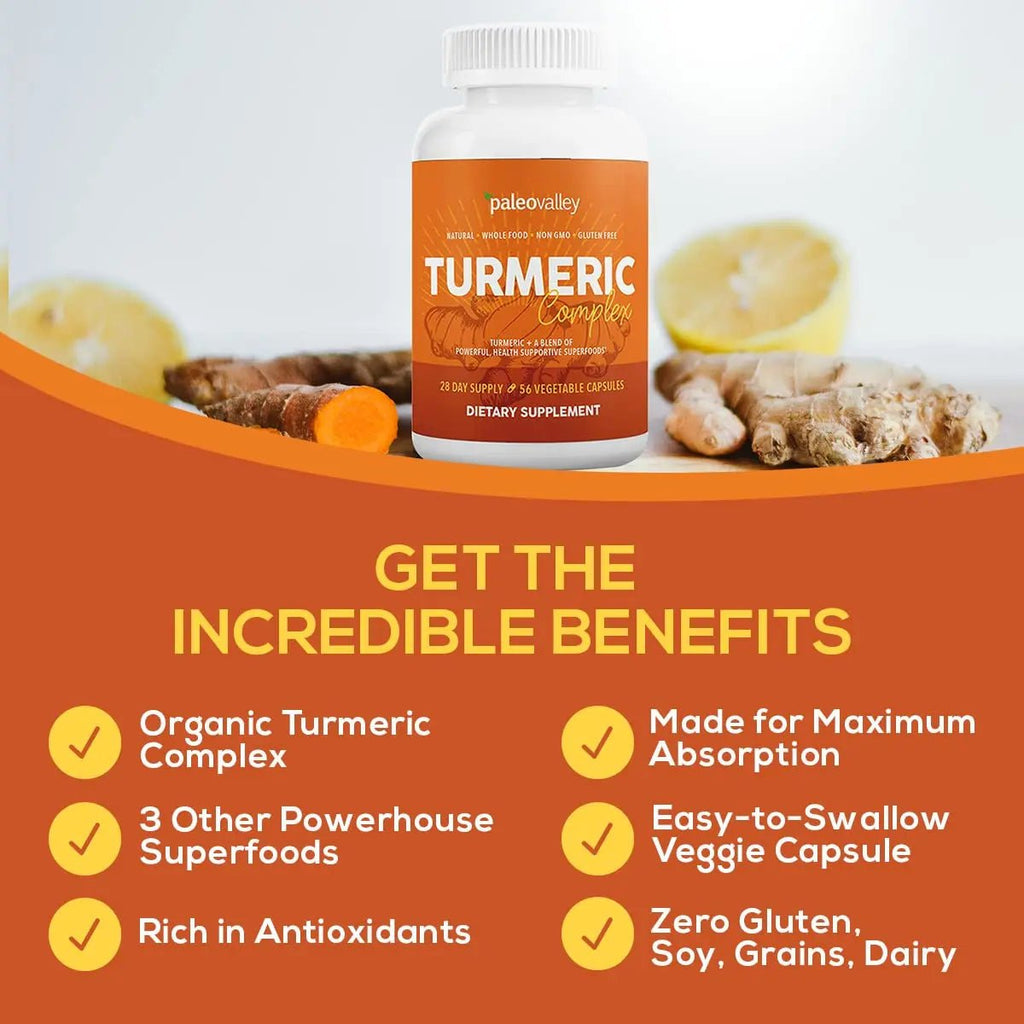 Paleovalley - Organic Turmeric Complex - Full Spectrum Organic Turmeric with Health-Supportive Superfoods - 56 Vegetarian Capsules - Support Joints, Immunity, Brain and Heart Health - TrustMedUSA