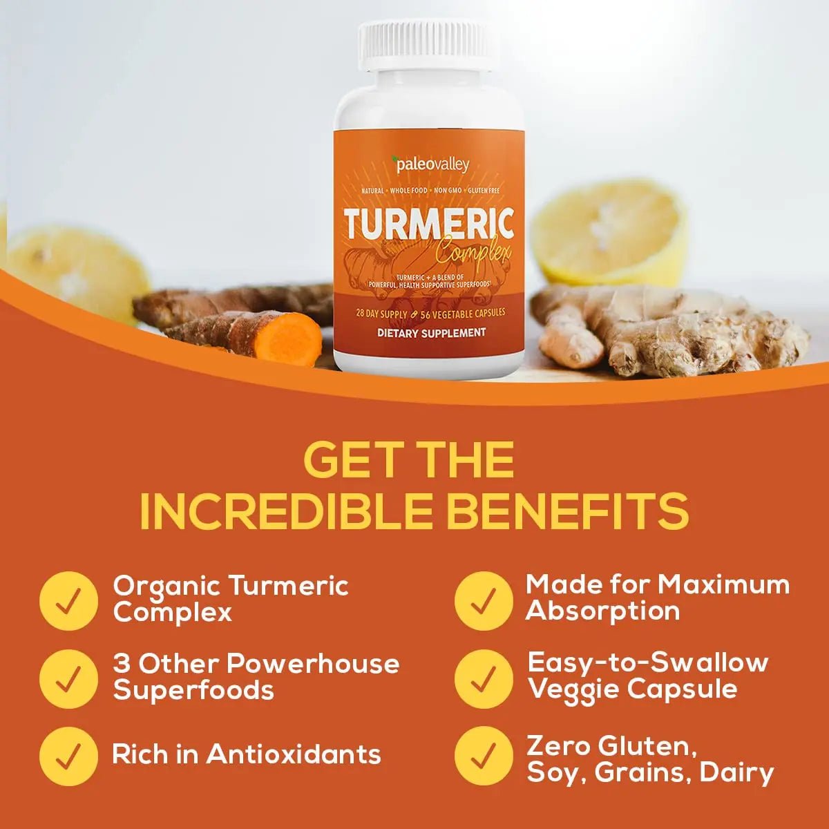 Paleovalley - Organic Turmeric Complex - Full Spectrum Organic Turmeric with Health-Supportive Superfoods - 56 Vegetarian Capsules - Support Joints, Immunity, Brain and Heart Health - TrustMedUSA
