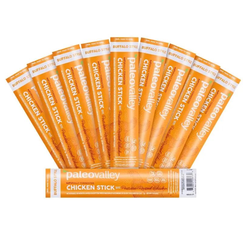 Paleovalley Pasture-Raised Chicken Sticks – 10 Pack – 7g Protein per Stick – Keto-Friendly, Paleo, Gluten-Free, Nitrate-Free – On-the-Go Snack (10 Pack, Buffalo) - TrustMedUSA