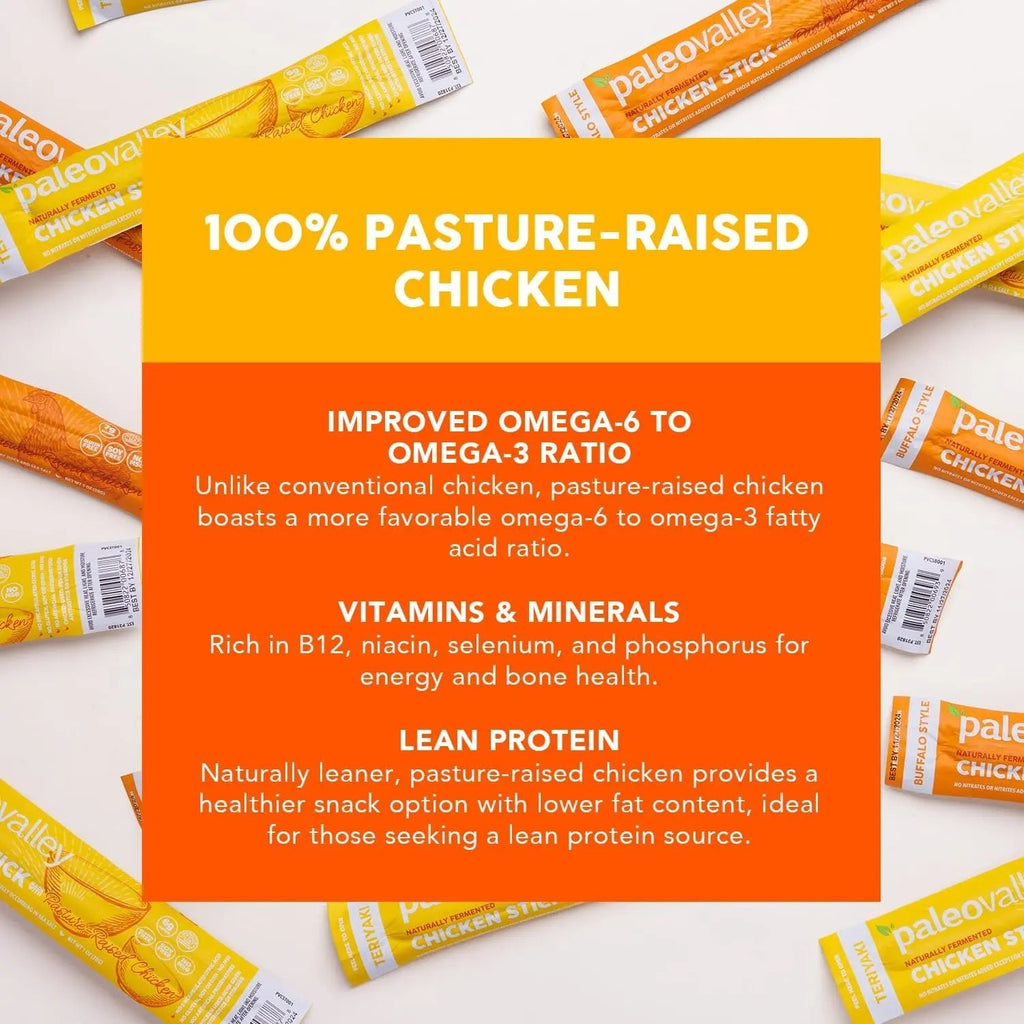 Paleovalley Pasture-Raised Chicken Sticks – 10 Pack – 7g Protein per Stick – Keto-Friendly, Paleo, Gluten-Free, Nitrate-Free – On-the-Go Snack (10 Pack, Buffalo) - TrustMedUSA