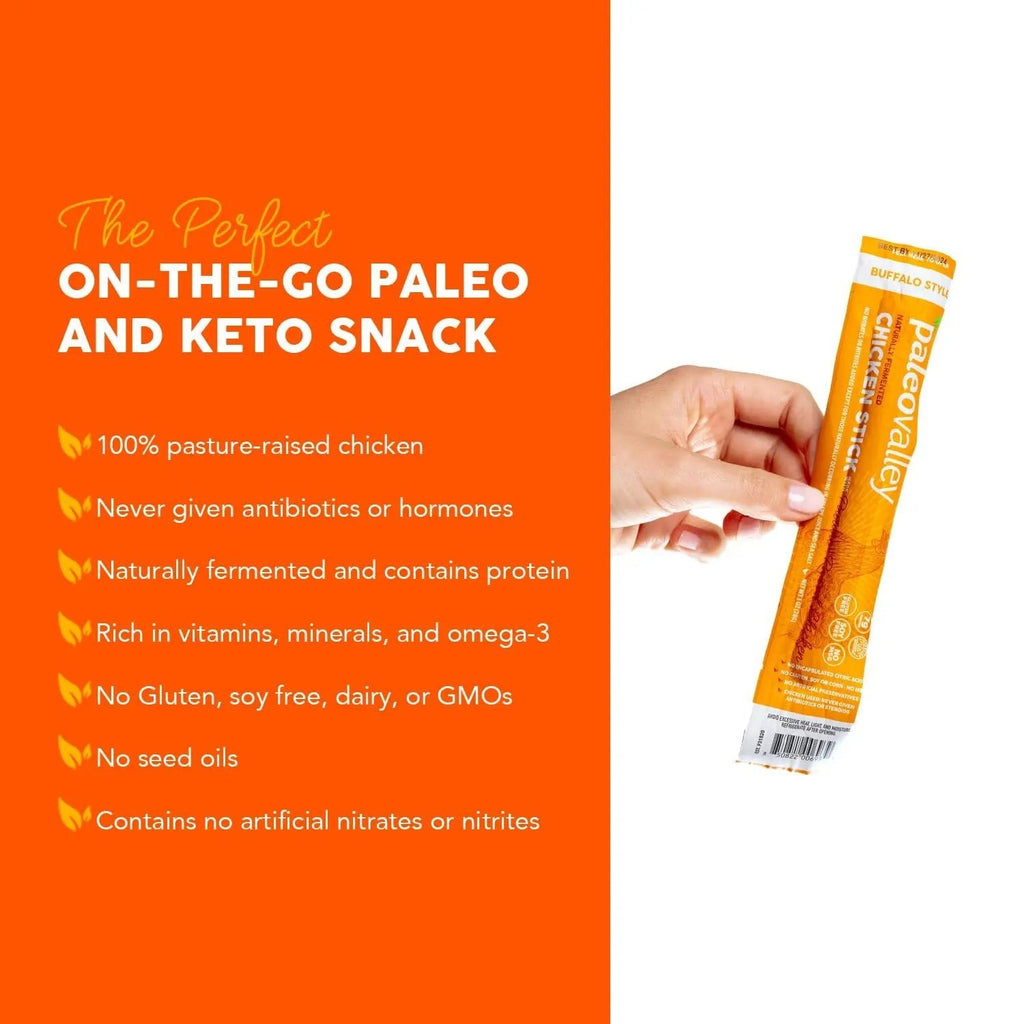 Paleovalley Pasture-Raised Chicken Sticks – 10 Pack – 7g Protein per Stick – Keto-Friendly, Paleo, Gluten-Free, Nitrate-Free – On-the-Go Snack (10 Pack, Buffalo) - TrustMedUSA