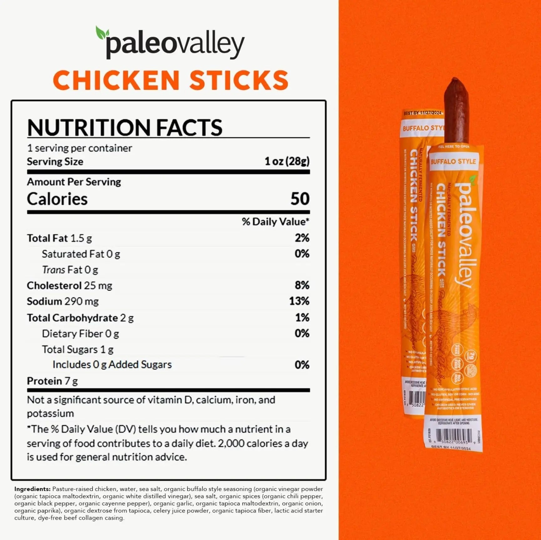Paleovalley Pasture-Raised Chicken Sticks – 10 Pack – 7g Protein per Stick – Keto-Friendly, Paleo, Gluten-Free, Nitrate-Free – On-the-Go Snack (10 Pack, Buffalo) - TrustMedUSA