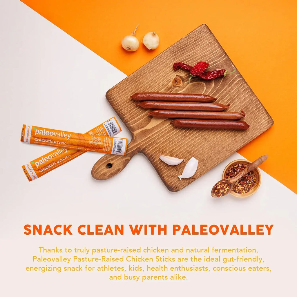 Paleovalley Pasture-Raised Chicken Sticks – 10 Pack – 7g Protein per Stick – Keto-Friendly, Paleo, Gluten-Free, Nitrate-Free – On-the-Go Snack (10 Pack, Buffalo) - TrustMedUSA