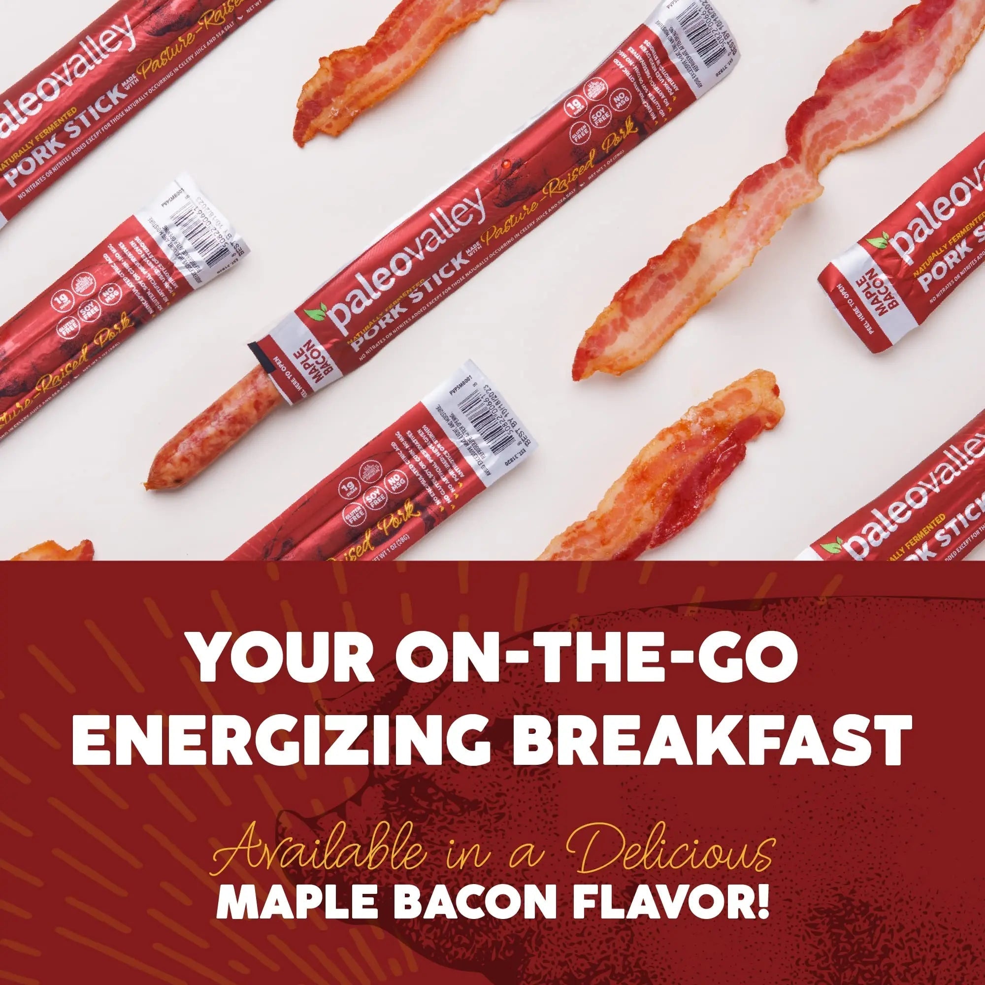 Paleovalley Pasture-Raised Pork Sticks - Maple Bacon Flavor Meat Sticks Individually Wrapped, 28g - 10 Sticks - Gluten-Free Protein Snack - TrustMedUSA