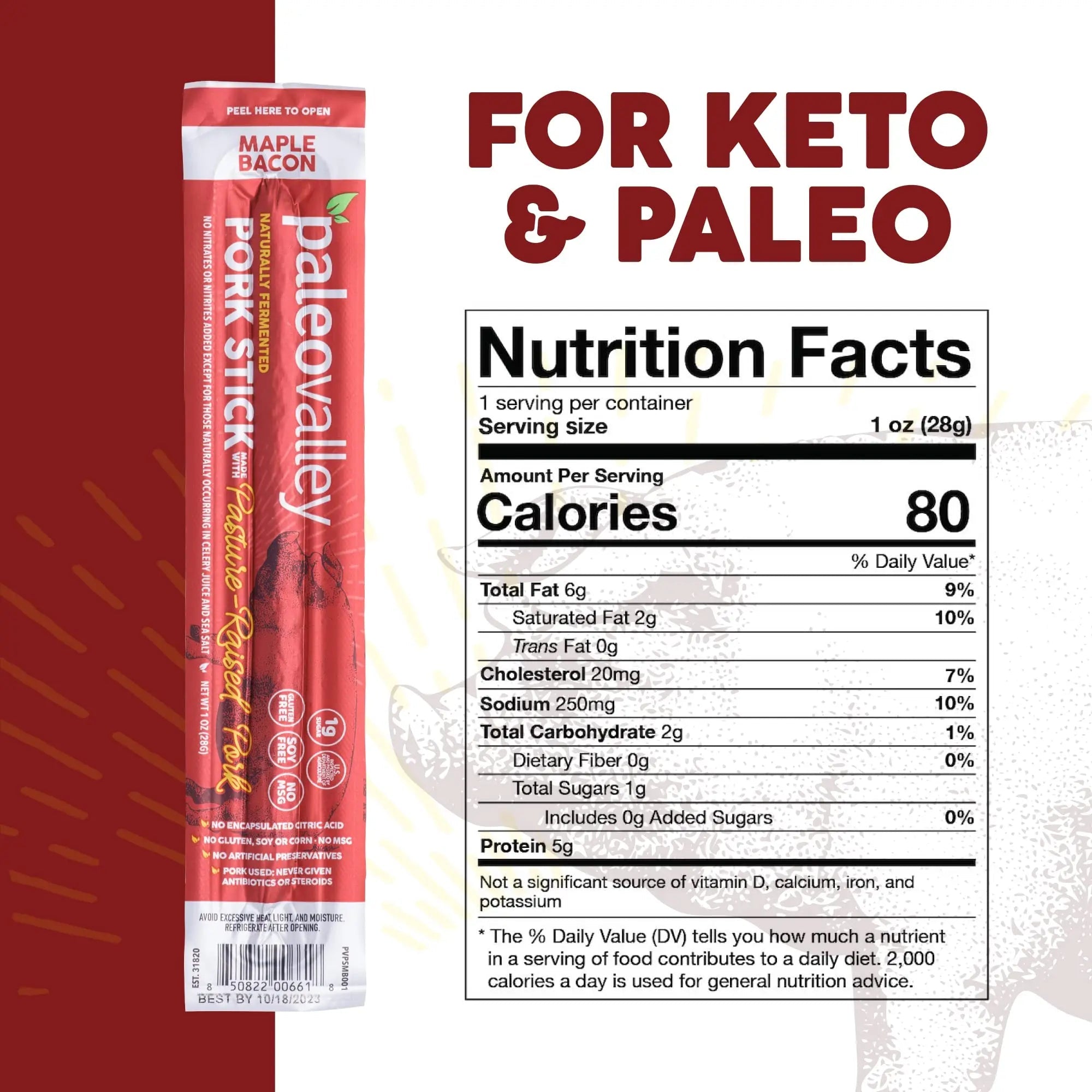 Paleovalley Pasture-Raised Pork Sticks - Maple Bacon Flavor Meat Sticks Individually Wrapped, 28g - 10 Sticks - Gluten-Free Protein Snack - TrustMedUSA