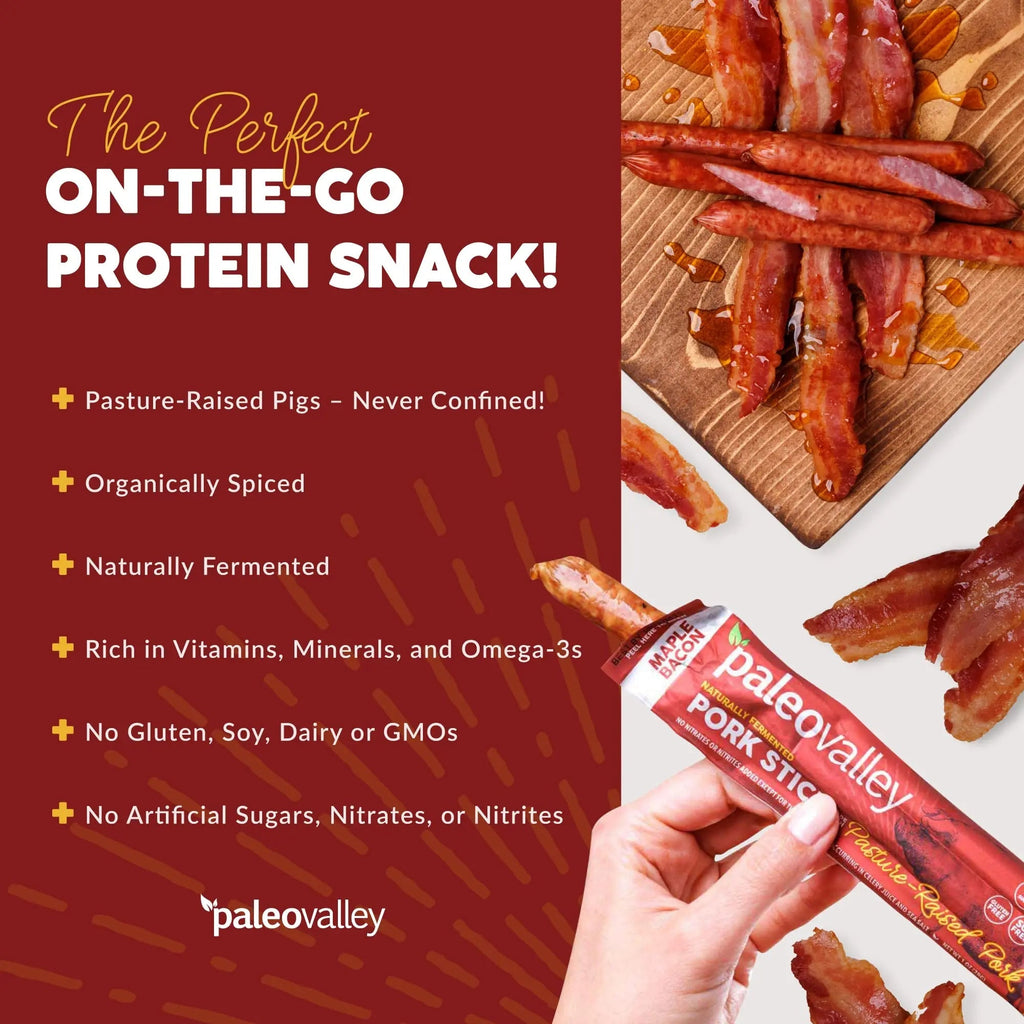 Paleovalley Pasture-Raised Pork Sticks - Maple Bacon Flavor Meat Sticks Individually Wrapped, 28g - 10 Sticks - Gluten-Free Protein Snack - TrustMedUSA