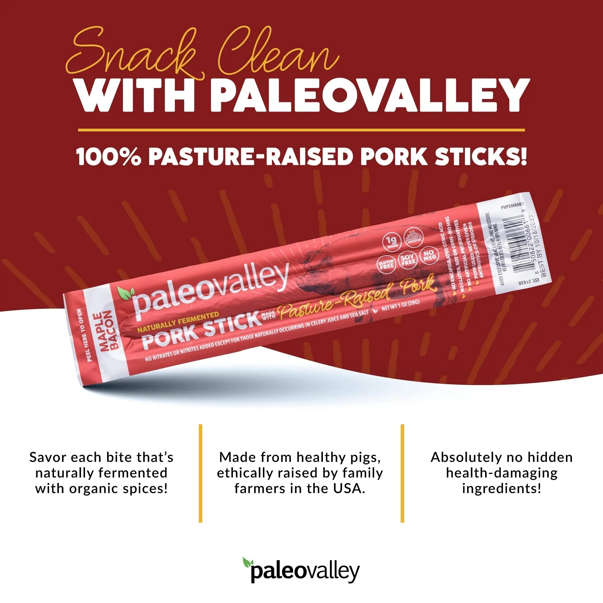 Paleovalley Pasture-Raised Pork Sticks - Maple Bacon Flavor Meat Sticks Individually Wrapped, 28g - 10 Sticks - Gluten-Free Protein Snack - TrustMedUSA