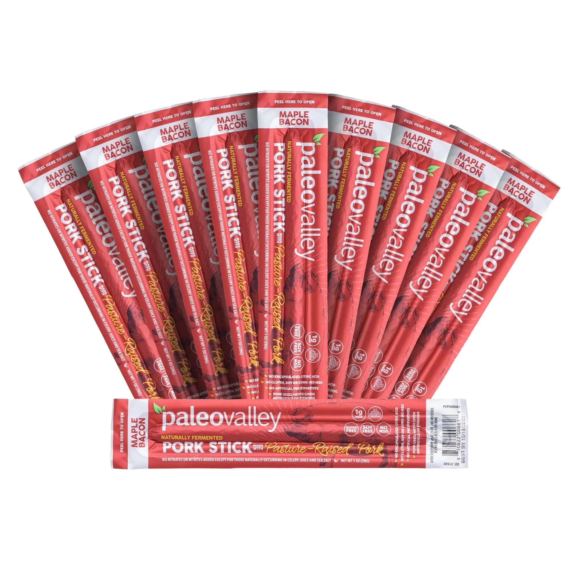Paleovalley Pasture-Raised Pork Sticks - Maple Bacon Flavor Meat Sticks Individually Wrapped, 28g - 10 Sticks - Gluten-Free Protein Snack - TrustMedUSA