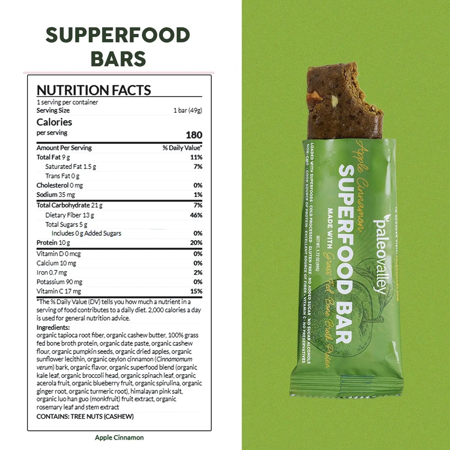 Paleovalley Superfood Bars – Apple Cinnamon– 10 Pack – 9g Protein per Bar – Gluten-Free, Grain-Free, Paleo, Non-GMO – On-the-Go Snack - TrustMedUSA