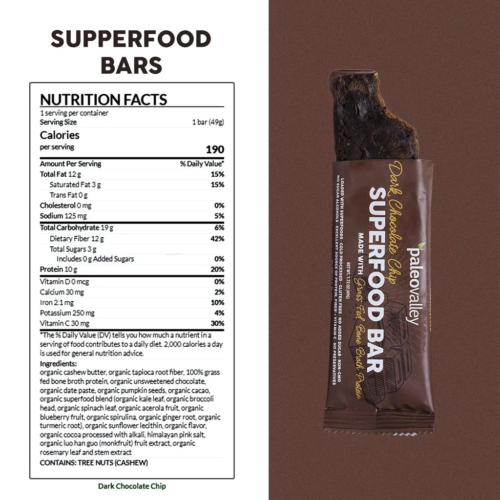 Paleovalley Superfood Bars – Dark Chocolate Chip– 10 Pack – 9g Protein per Bar – Gluten-Free, Grain-Free, Paleo, Non-GMO – On-the-Go Snack - TrustMedUSA
