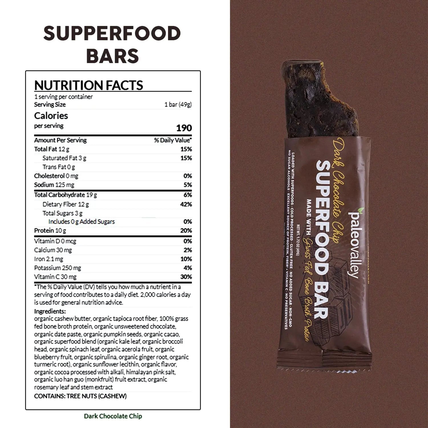 Paleovalley Superfood Bars – Dark Chocolate Chip– 10 Pack – 9g Protein per Bar – Gluten-Free, Grain-Free, Paleo, Non-GMO – On-the-Go Snack - TrustMedUSA