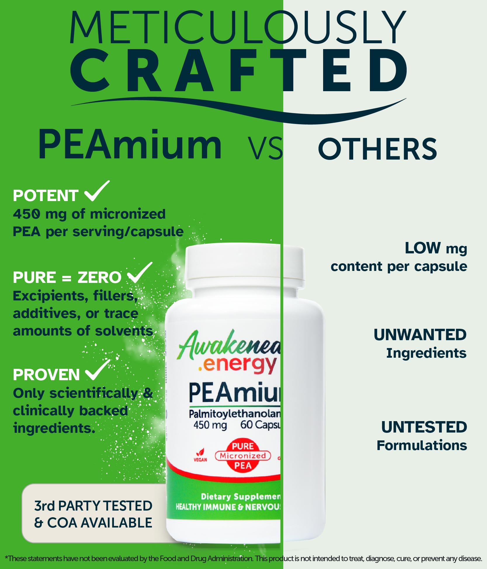 Palmitoylethanolamide 450mg Comfort Mobility Nerves Cognitive & Immune Support - Micronized High Absorption - All Natural Pea - USA Made - No Additives or Excipients – 60 Vegan Capsules Supplement - TrustMedUSA