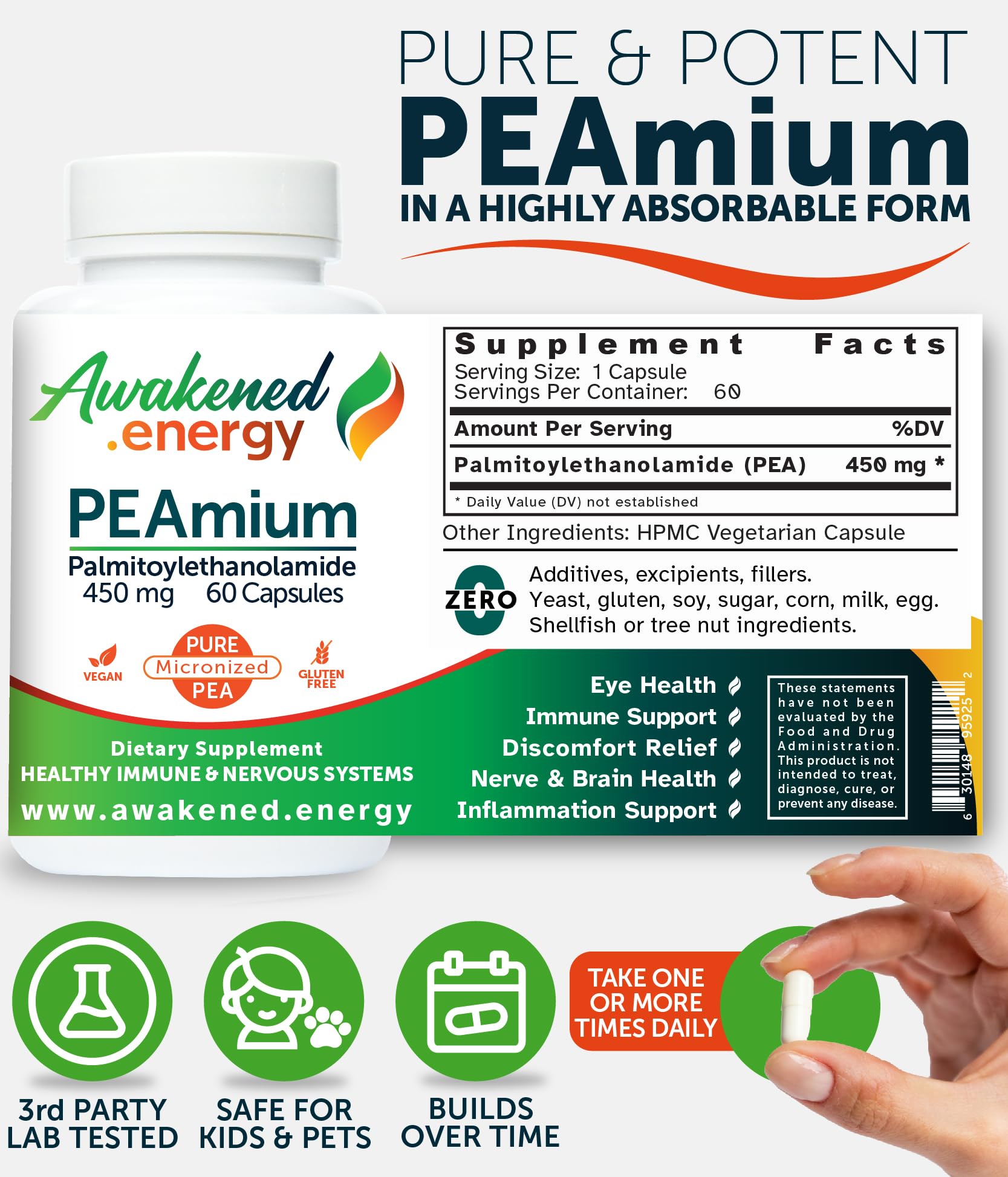 Palmitoylethanolamide 450mg Comfort Mobility Nerves Cognitive & Immune Support - Micronized High Absorption - All Natural Pea - USA Made - No Additives or Excipients – 60 Vegan Capsules Supplement - TrustMedUSA